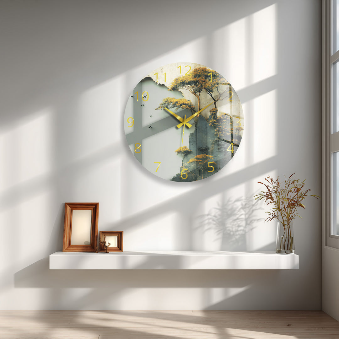 Misty Forest Glass Wall Clock – Golden Mountain Landscape