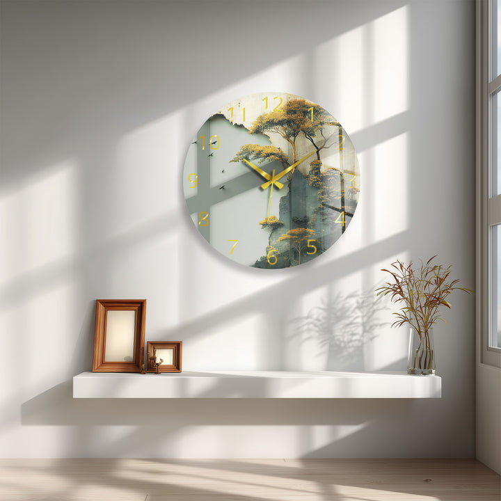 Misty Forest Glass Wall Clock – Golden Mountain Landscape