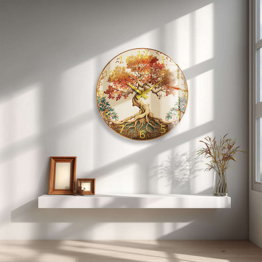 Autumn Tree of Life Glass Wall Clock – Rustic Fall Decor