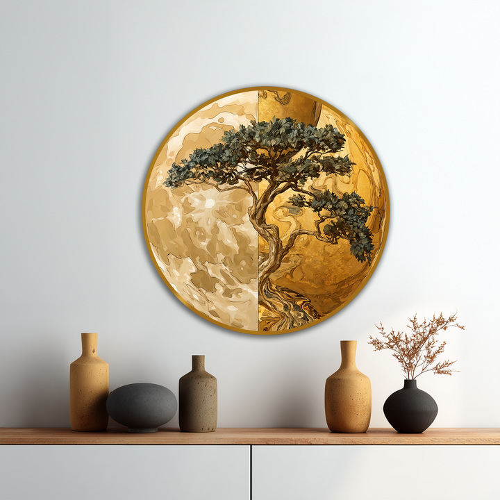 Depth and layers are created in this golden balance tree dual tone round oil painting using a modern oil painting art technique.