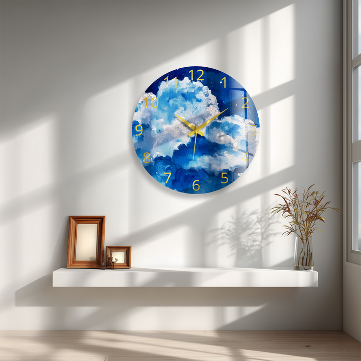 Blaue Wolke Glaswanduhr – abstrakte Himmelswanddekoration