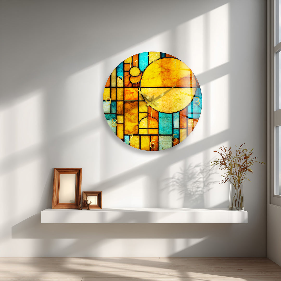 Orangefarbene und blaugrüne Glaswanduhr – geometrische Retro-Sonnenkunst
