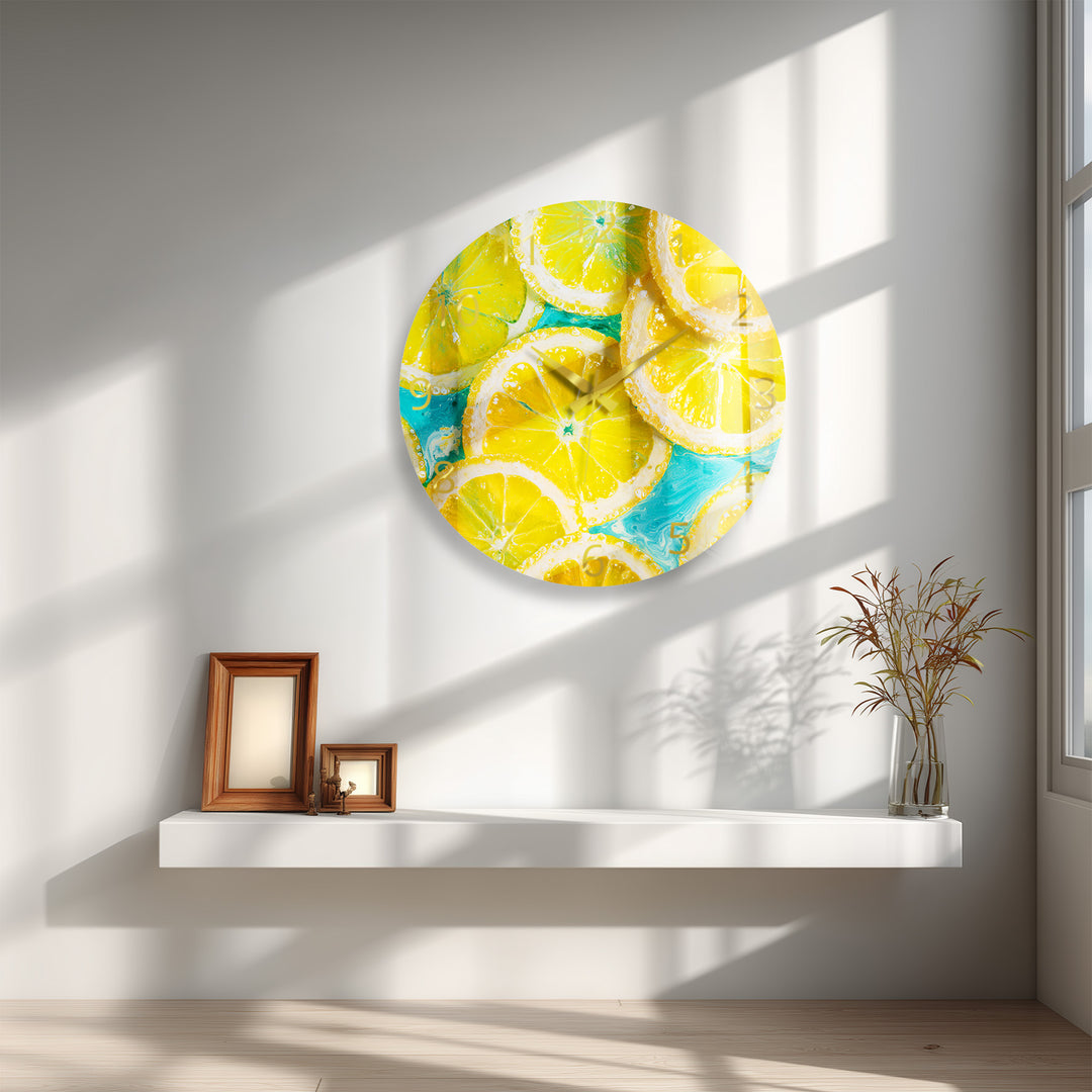Yellow Lemon Glass Wall Clock – Bright Citrus Kitchen Decor