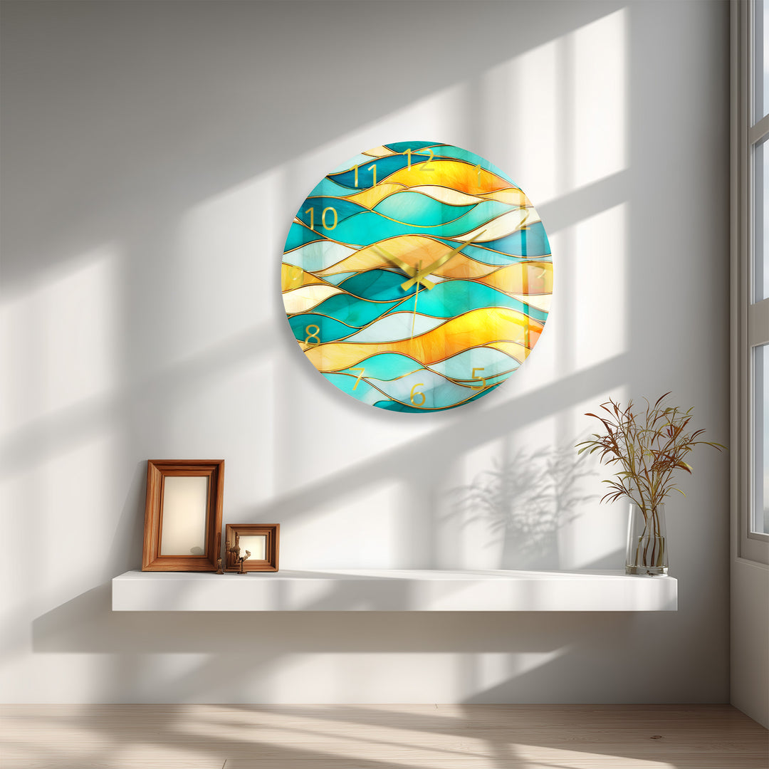 Turquoise Wave Glass Wall Clock – Abstract Stained Glass Decor