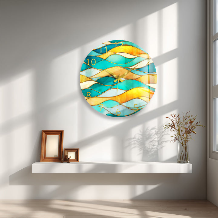 Turquoise Wave Glass Wall Clock – Abstract Stained Glass Decor