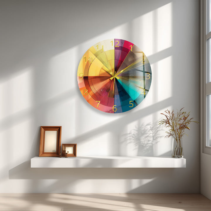 Colorful Geometric Glass Wall Clock – Retro Radial Art