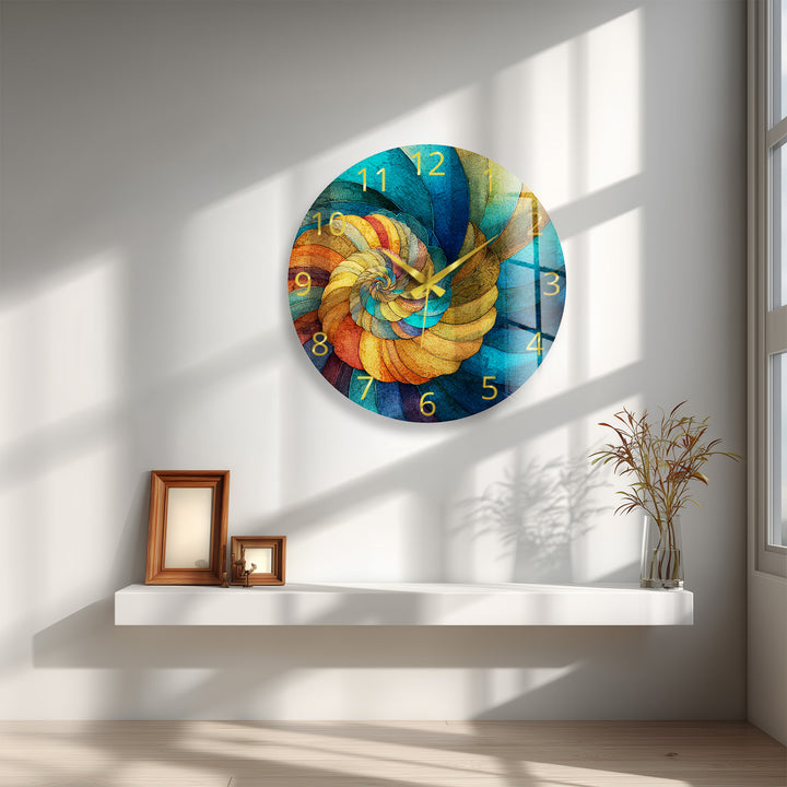 Abstract Spiral Glass Wall Clock – Teal and Gold Swirl Art