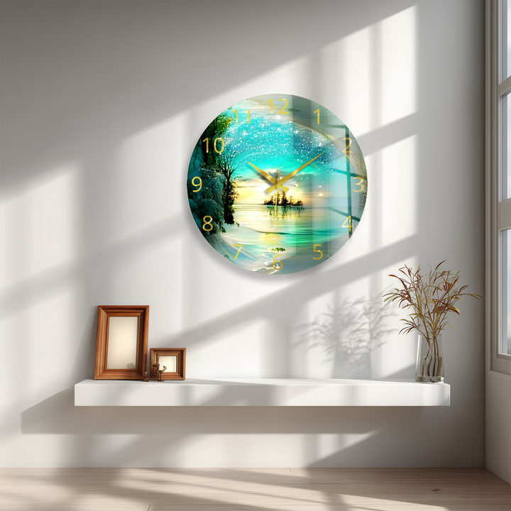 Enchanted Lake Glass Wall Clock – Turquoise Fantasy Landscape