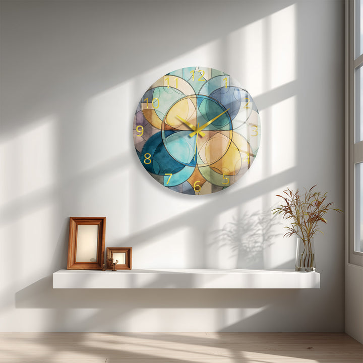 Teal Geometric Glass Wall Clock – Mid Century Abstract Decor