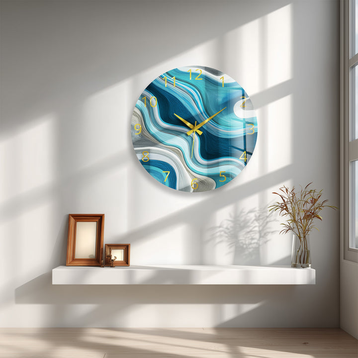 Blue Abstract Glass Wall Clock – Teal Wave Modern Decor
