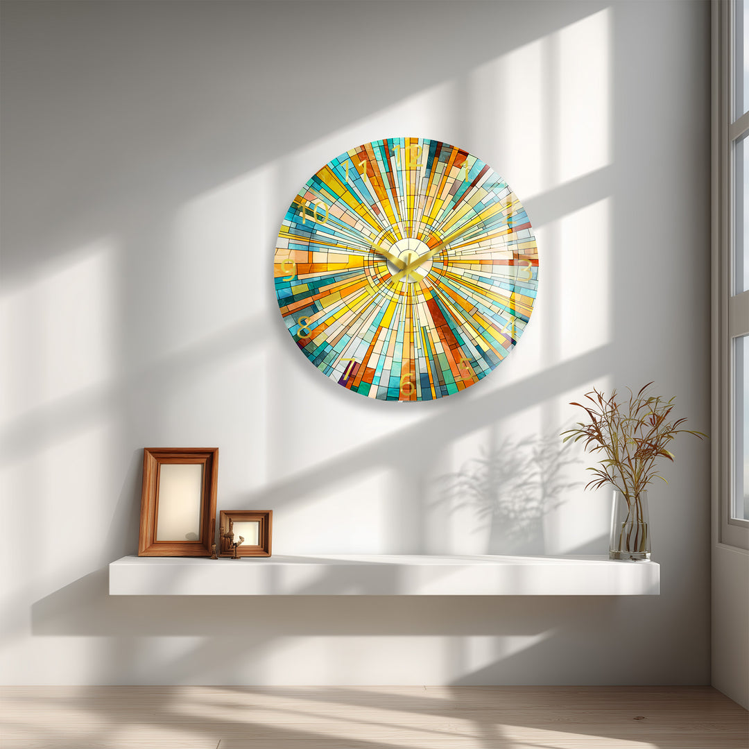 Geometrische Sunburst-Glaswanduhr – Bunte Mosaikkunst