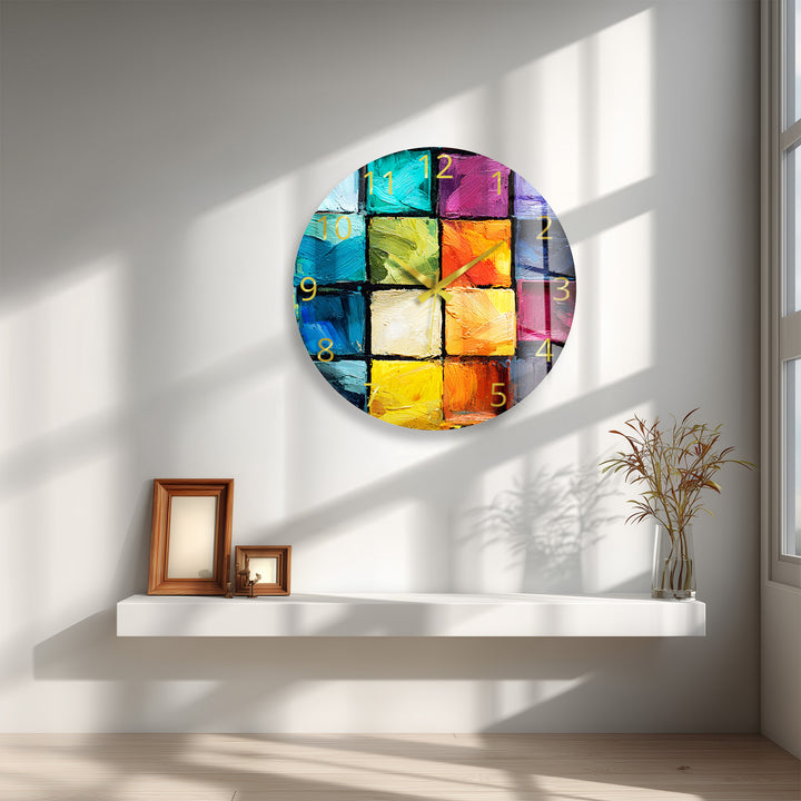 Colorful Abstract Glass Wall Clock – Textured Geometric Painting
