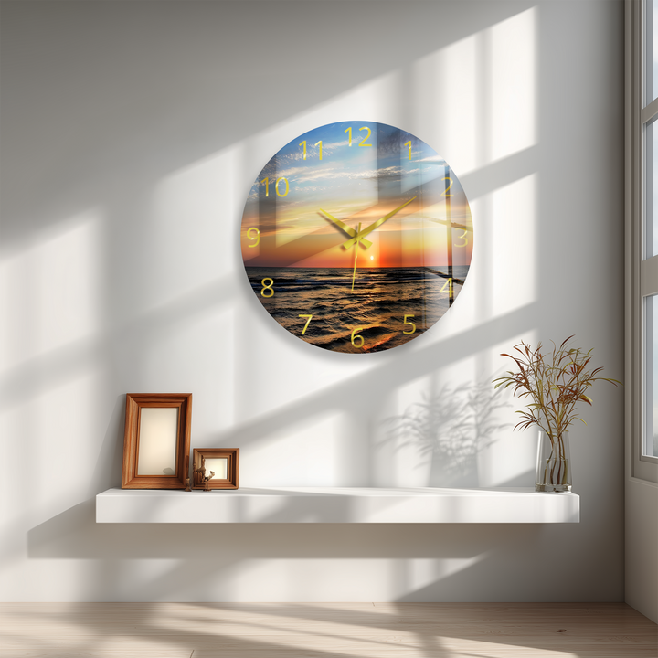 Ocean Sunset Glass Wall Clock – Coastal Beach Decor