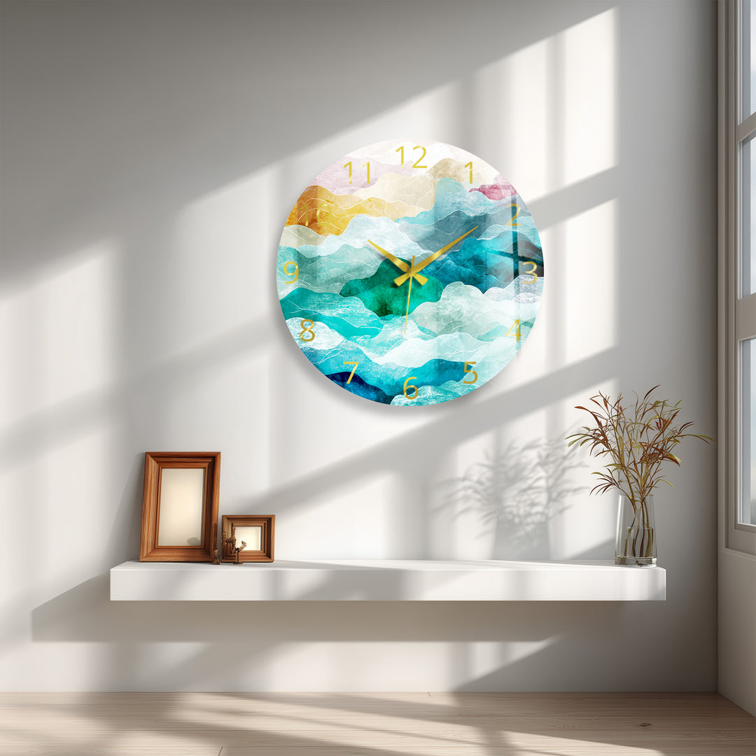 Abstract Mountain Glass Wall Clock – Teal Boho Landscape Decor