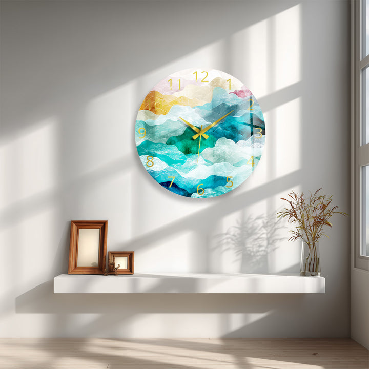Abstract Mountain Glass Wall Clock – Teal Boho Landscape Decor
