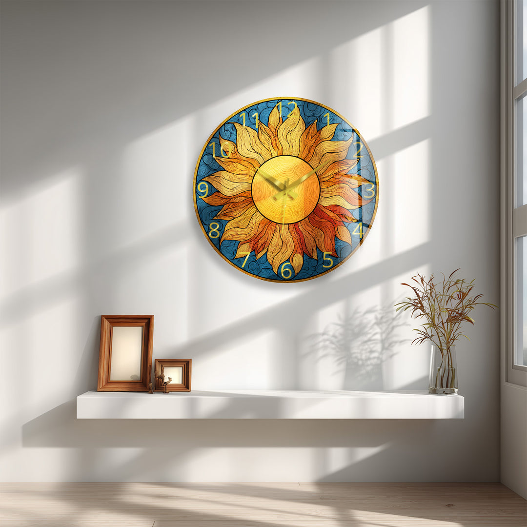 Boho Sun Glass Wall Clock – Golden Sunburst Decor