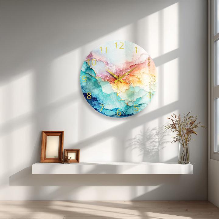 Pastel Fluid Art Glass Wall Clock – Pink and Teal Abstract Decor