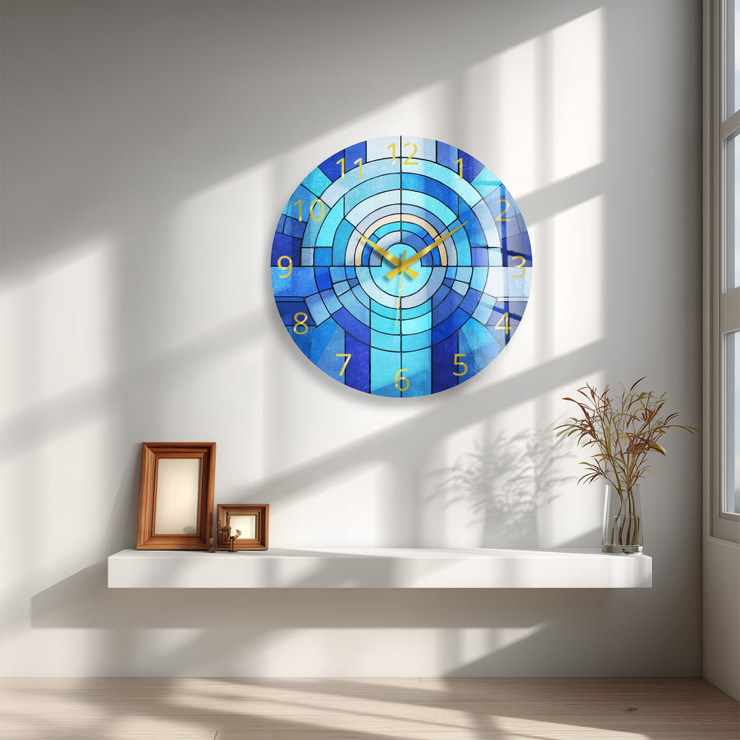 Blaue geometrische Glas-Wanduhr – Dekor im Buntglas-Stil