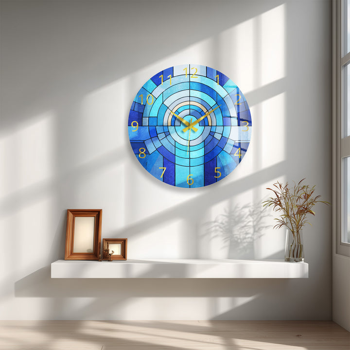 Blaue geometrische Glas-Wanduhr – Dekor im Buntglas-Stil