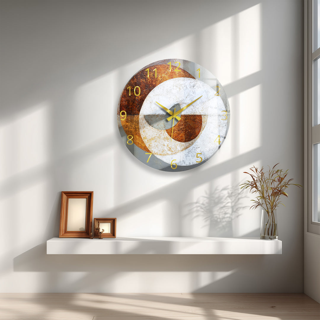 Rust and Gray Glass Wall Clock – Industrial Abstract Circle Art