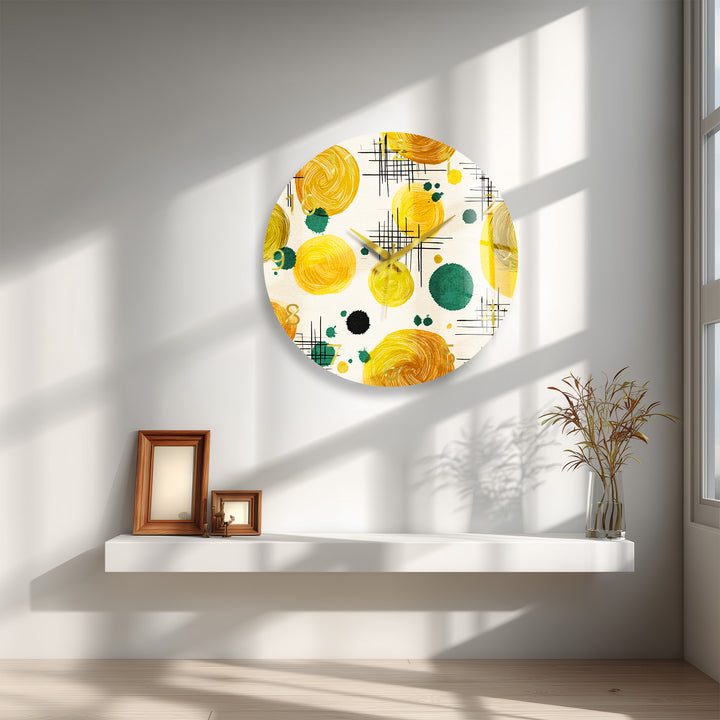 Mustard Yellow Glass Wall Clock – Retro Abstract Circle Art
