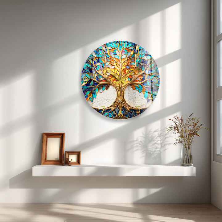 Tree of Life Glass Wall Clock – Blue and Gold Mosaic Decor