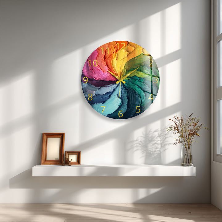 Colorful Abstract Glass Wall Clock – Rainbow Oil Painting Art
