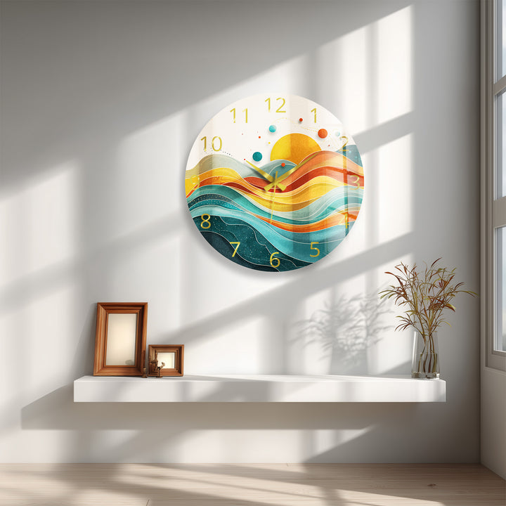Retro Sunset Glass Wall Clock – Abstract Boho Wave Art