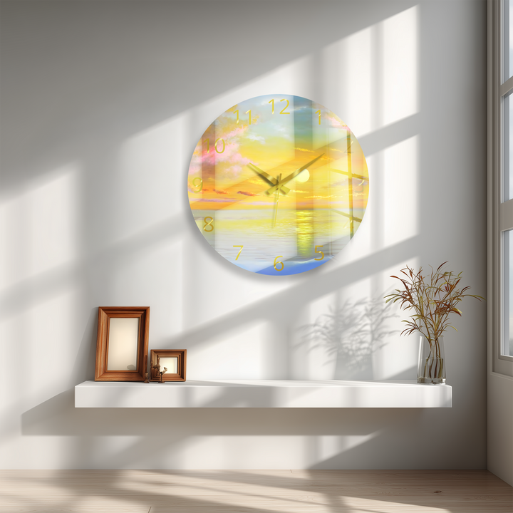 Ocean Sunset Glass Wall Clock – Golden Coastal Decor
