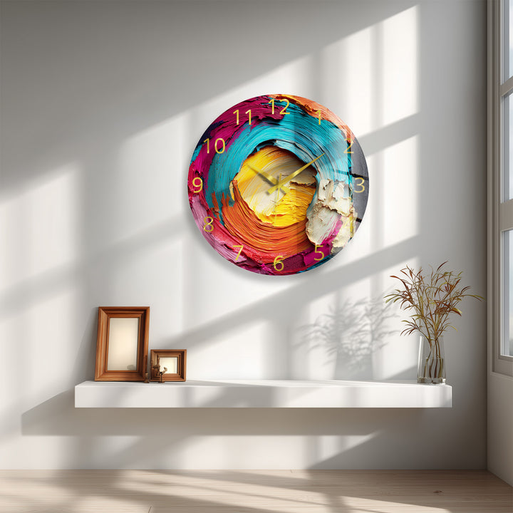 Colorful Abstract Glass Wall Clock – Vibrant Impasto Swirl Art