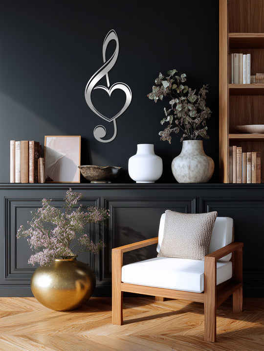 Subdued color saturation accentuates the chic heart treble clef metal wall art, a perfect piece of metal wall decor for sophisticated music lovers.