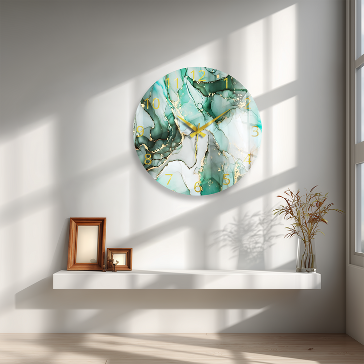 Emerald Green Marble Glass Wall Clock – Gold Accent Decor