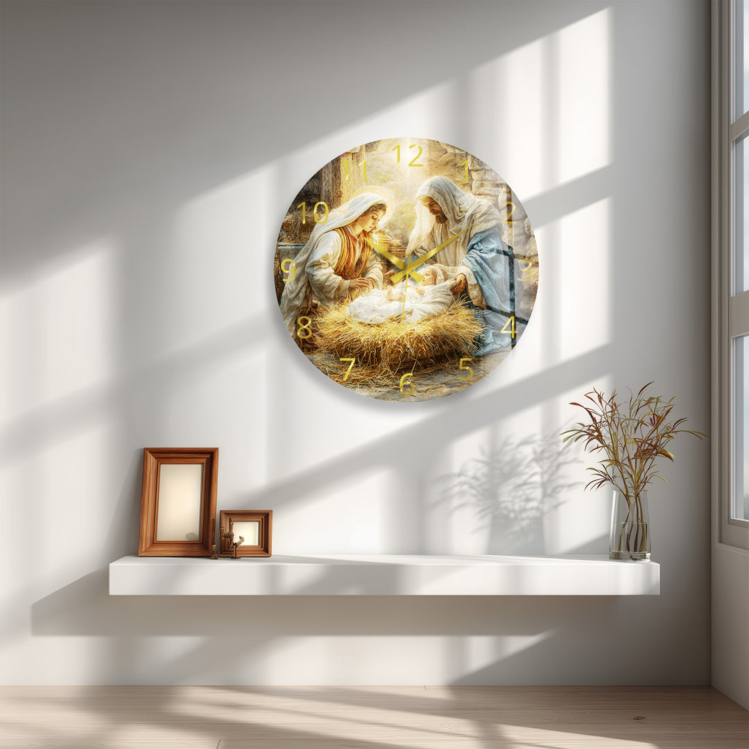 Nativity Scene Glass Wall Clock – Holy Family Christmas Decor