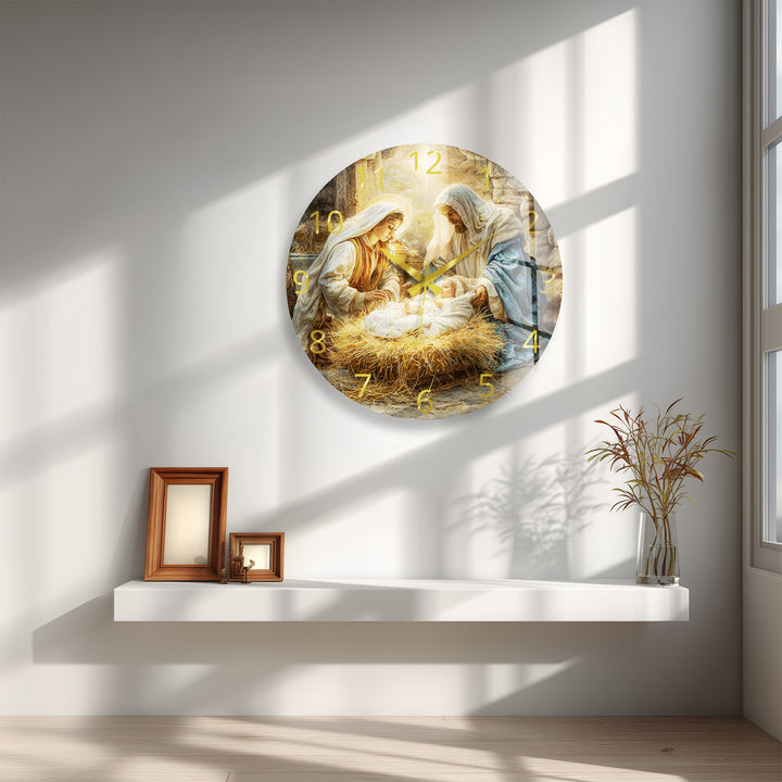 Nativity Scene Glass Wall Clock – Holy Family Christmas Decor