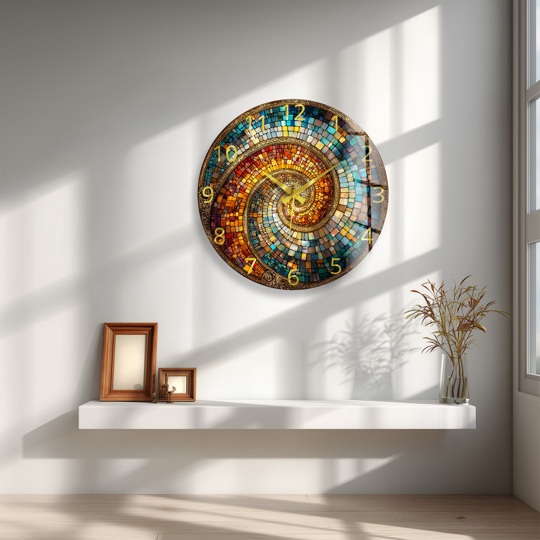 Spiralmosaik-Glaswanduhr – abstrakte Kunst in Blaugrün und Kupfer