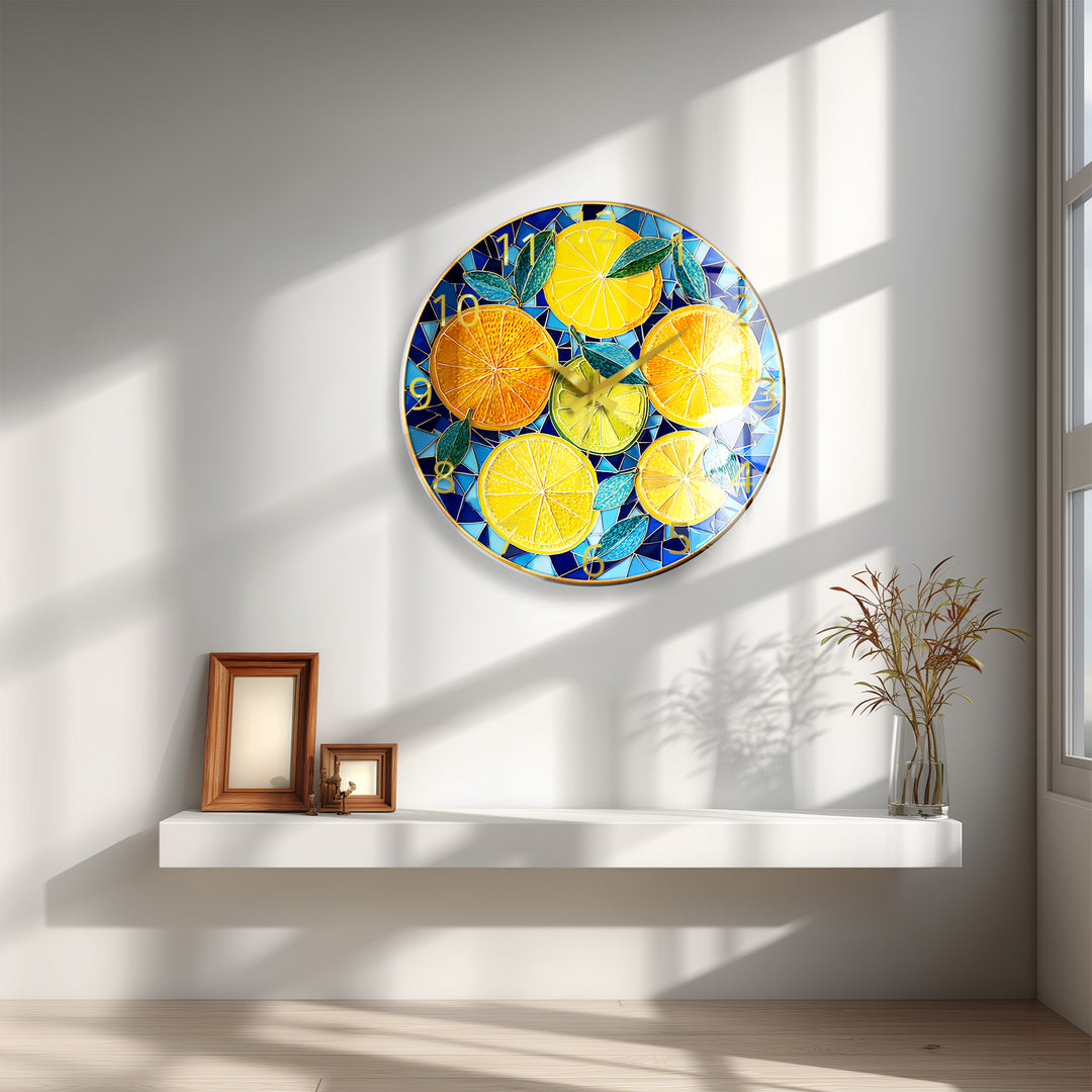 Lemon and Orange Glass Wall Clock – Mediterranean Kitchen Decor