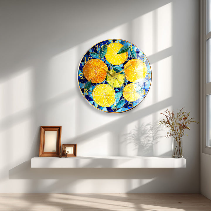 Lemon and Orange Glass Wall Clock – Mediterranean Kitchen Decor