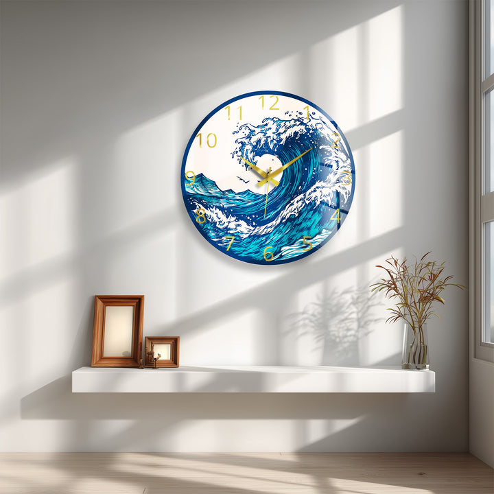 Japanese Wave Glass Wall Clock – Blue Ocean Coastal Decor