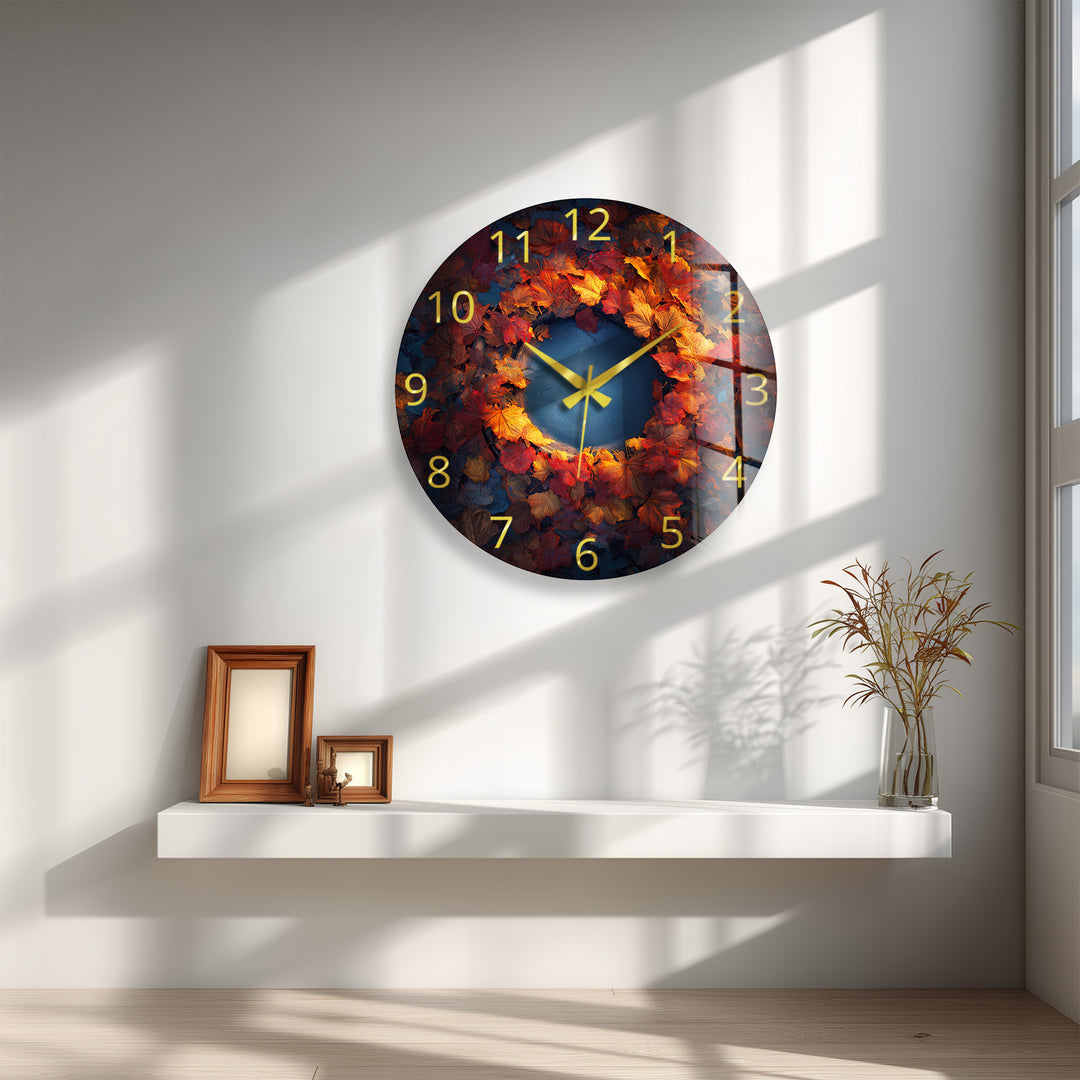 Glas-Wanduhr mit Herbstblättern – rustikales Herbstkranz-Dekor