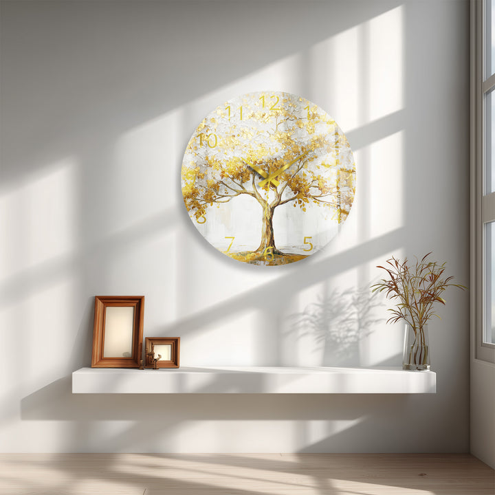 Gold Tree of Life Glass Wall Clock – White and Gold Modern Decor