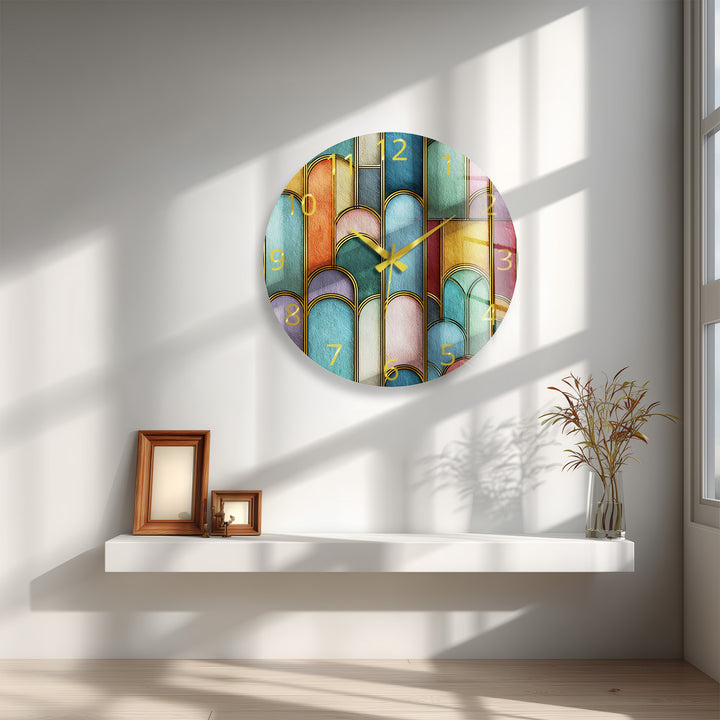 Art Deco Glass Wall Clock – Colorful Geometric Arch Decor