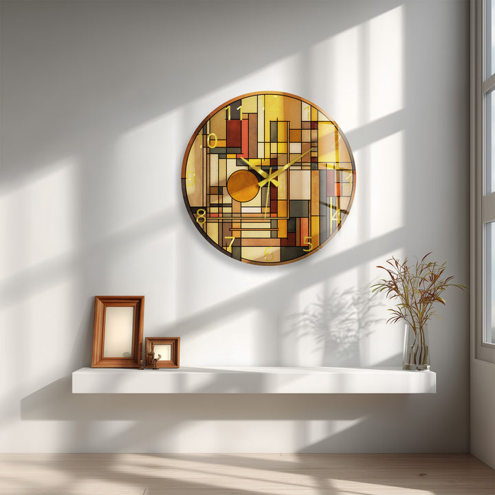 Art Deco Geometric Glass Wall Clock – Warm Retro Abstract Art