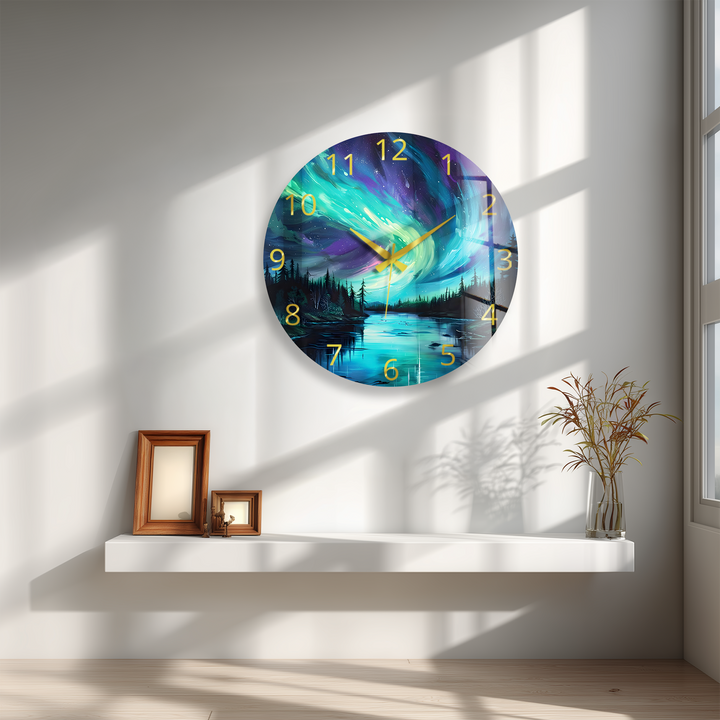 Northern Lights Glass Wall Clock – Aurora Borealis Decor