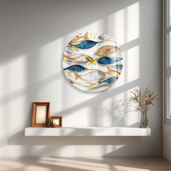 Blue and Beige Glass Wall Clock – Modern Organic Abstract Art