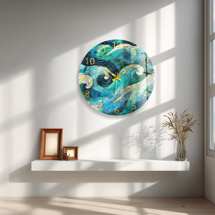 Blue Wave Glass Wall Clock – Abstract Stained Glass Style