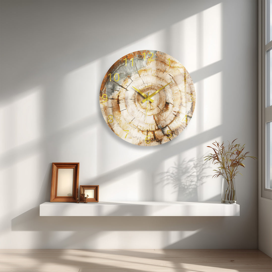 Tree Ring Glass Wall Clock – Rustic Wood Grain Decor