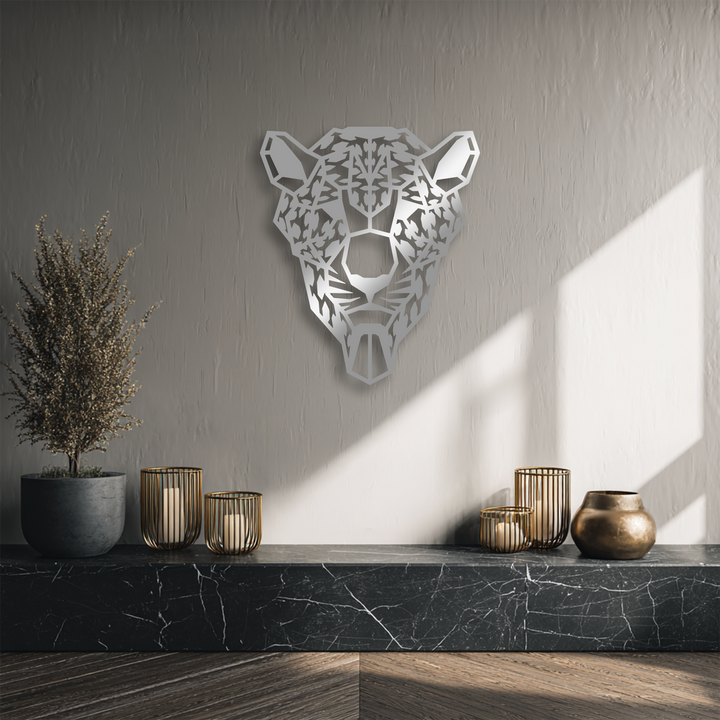 Muted greige tones dominate this scene, highlighting a captivating geometric tiger head metal decoration wall art.