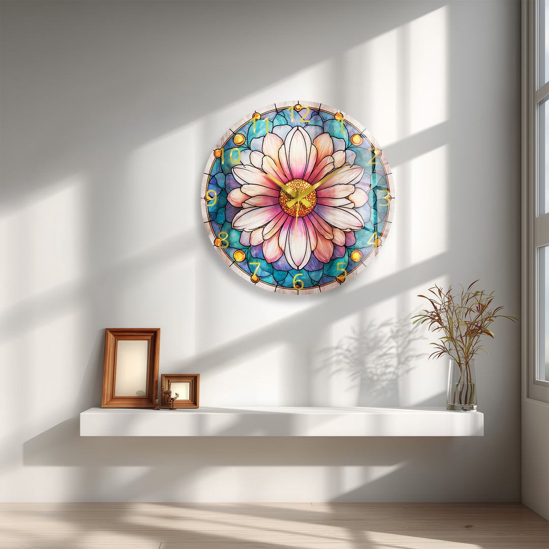 Rosa florale Glas-Wanduhr – Dekor im Buntglas-Stil