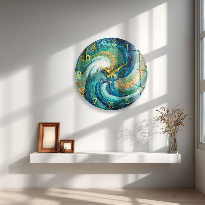 Türkisfarbene Mosaik-Glas-Wanduhr – abstraktes Wirbeldekor