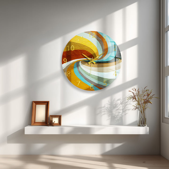Retro Wave Glass Wall Clock – Teal and Mustard Abstract Decor